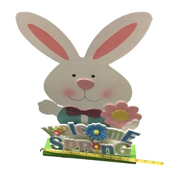 HANDCRAFTED WELCOME SPRING RABBIT /EASTER DEORATING WOODEN SHELF SITTER FIGURINE - Picture 4 of 6